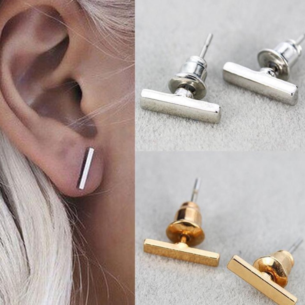 Silver toned alloy simple t bar earrings - Picture 3 of 3